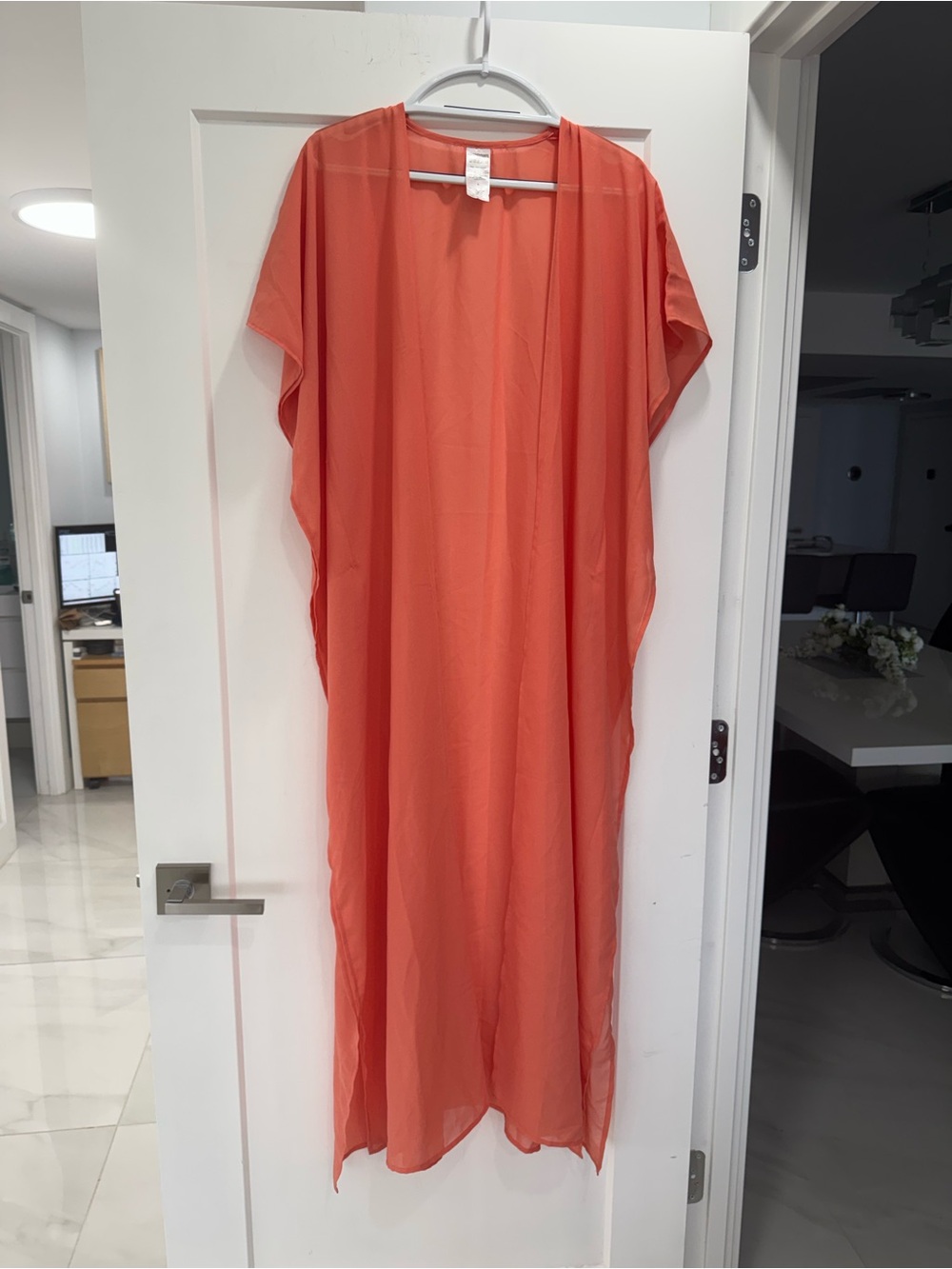Women's Coral (Salmon) Sheer Kimono Long Cover-Up Dress. Size S
